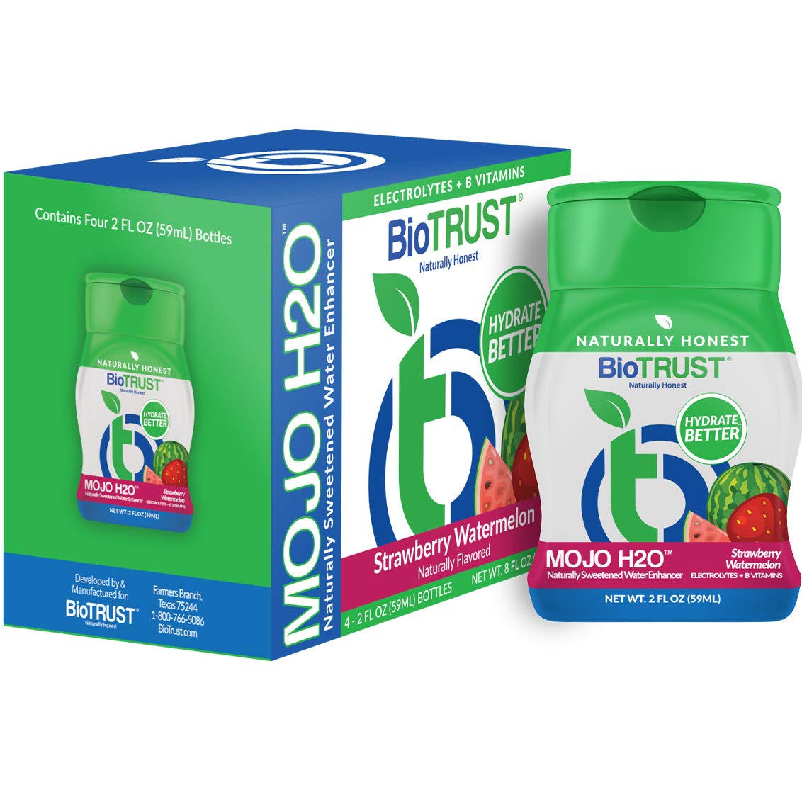 BioTrust frasco Mojo H2O frente mostrando sabor fresa sandía y conveniencia