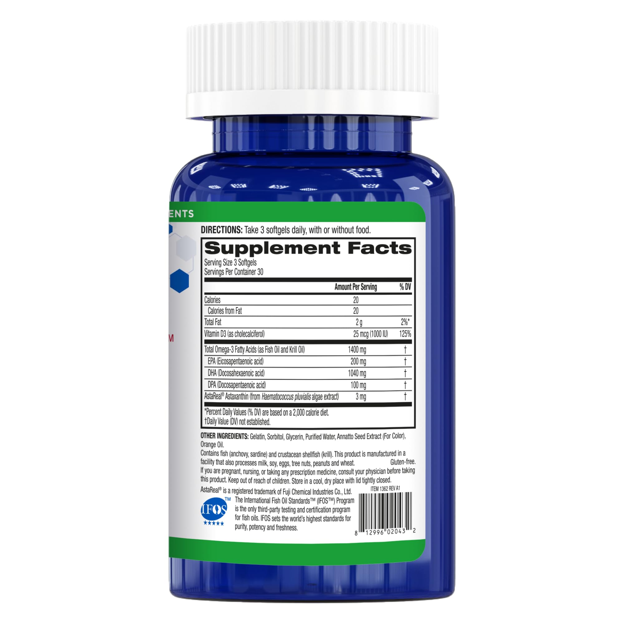BioTrust etiqueta con información de EPA, DHA y certificaciones GMP