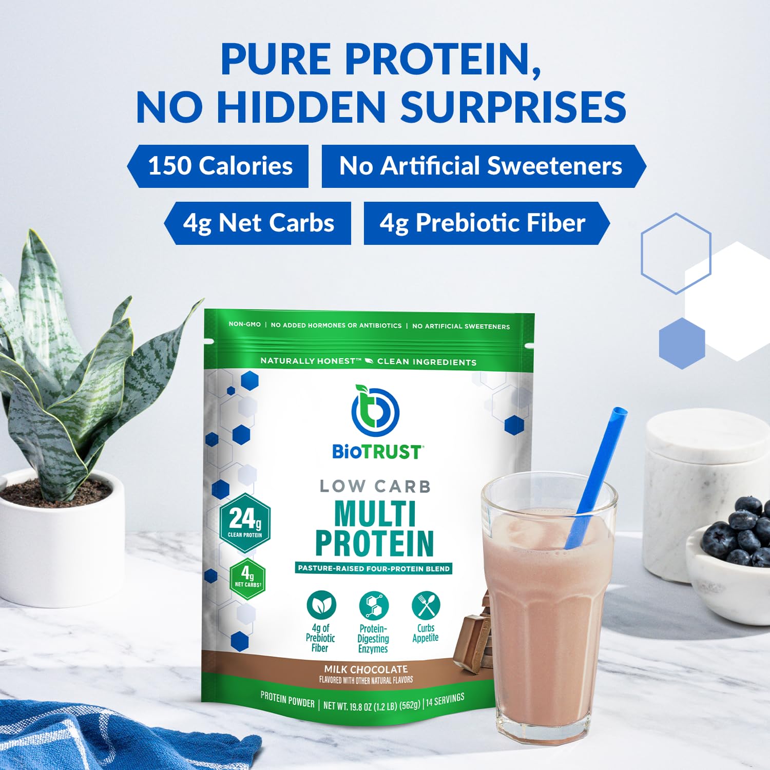 BioTrust vaso con batido chocolate cremoso listo para beber