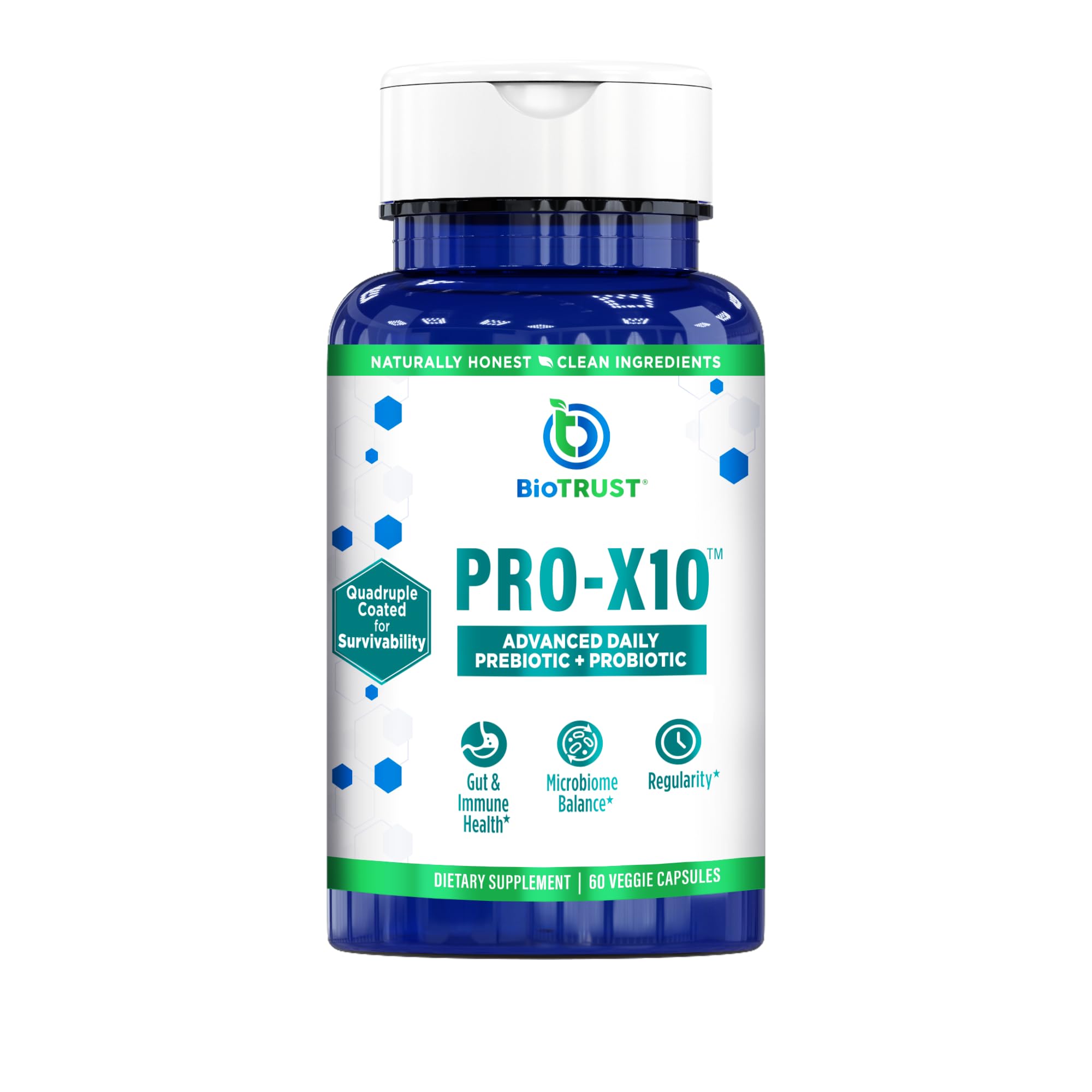 BioTrust Pro-X10 vista frontal con caja y cápsulas, claridad de producto y confianza
