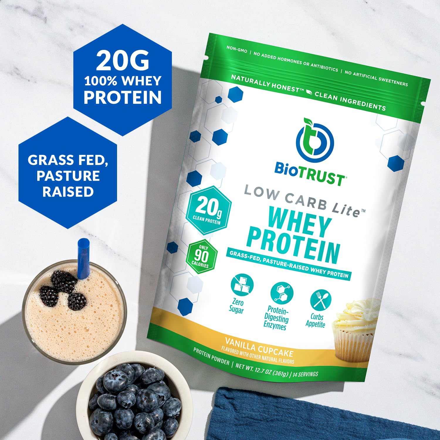 Textura del polvo BioTrust Low Carb Lite, aspecto fino y mezcla fácil