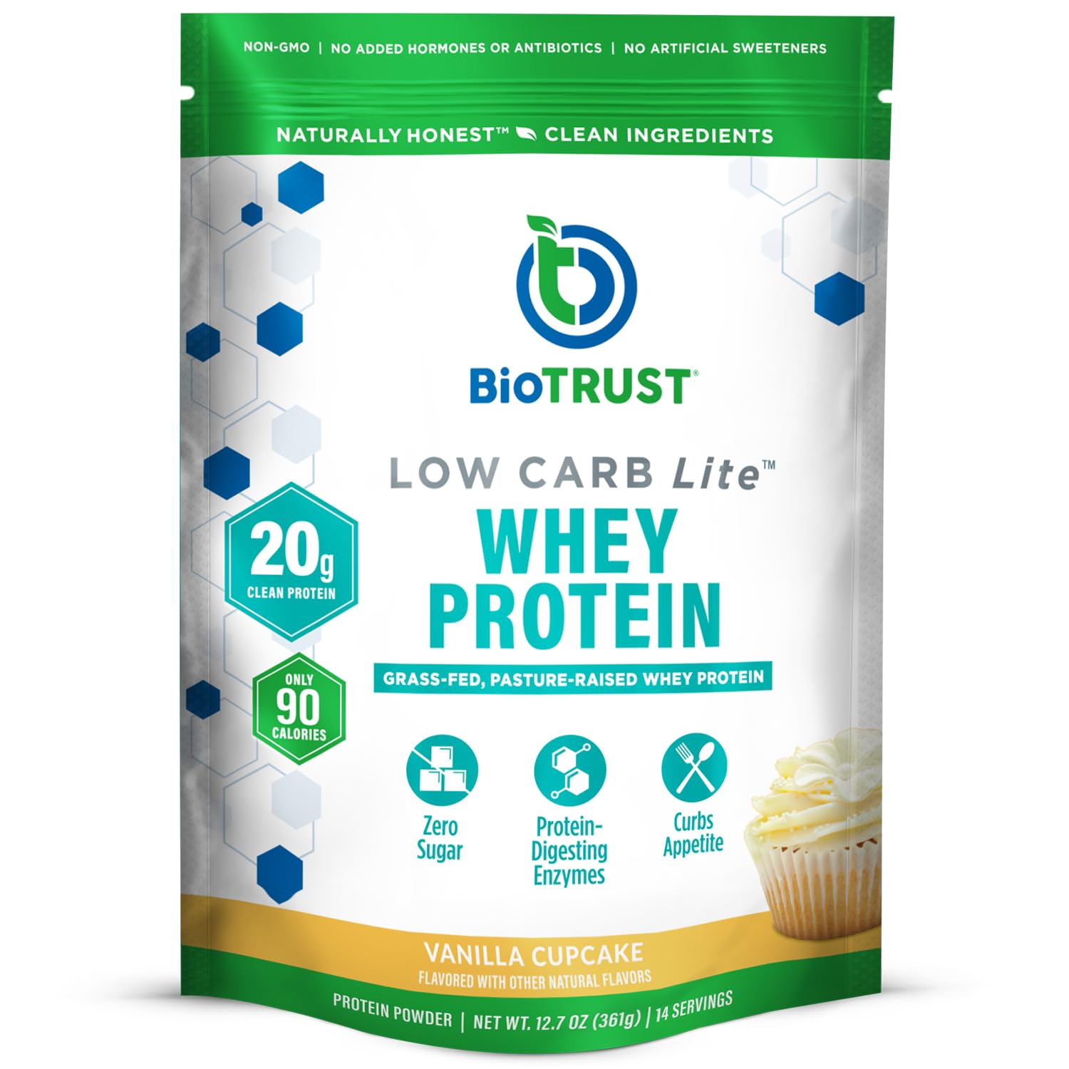 Envase BioTrust Low Carb Lite Vainilla Cupcake mostrando diseño y tamaño
