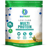 BioTrust envase frontal de vainilla mostrando información clara y beneficio de proteínas
