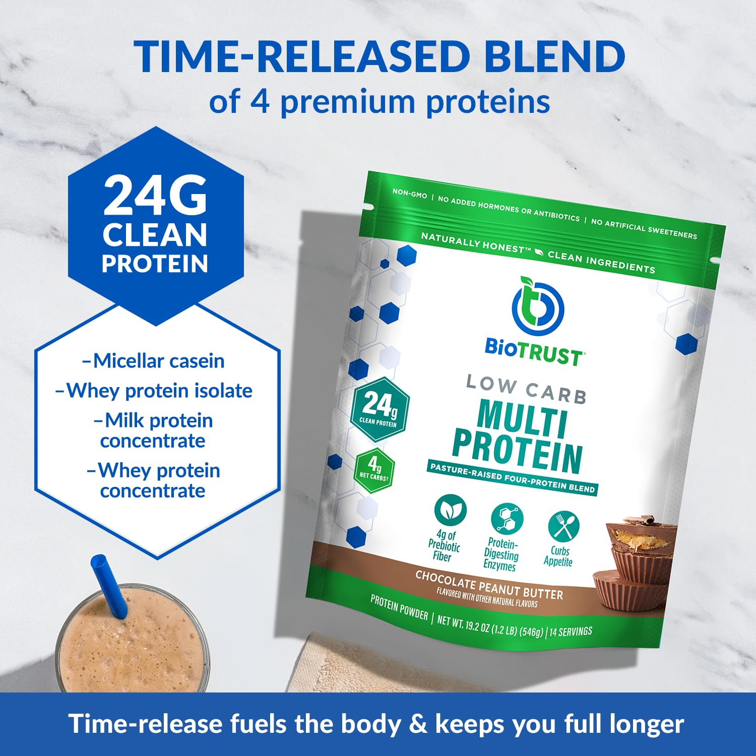 BioTrust vaso con batido listo, sabor chocolate y cacahuate, opción alta proteína