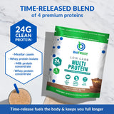BioTrust vaso con batido listo, sabor chocolate y cacahuate, opción alta proteína