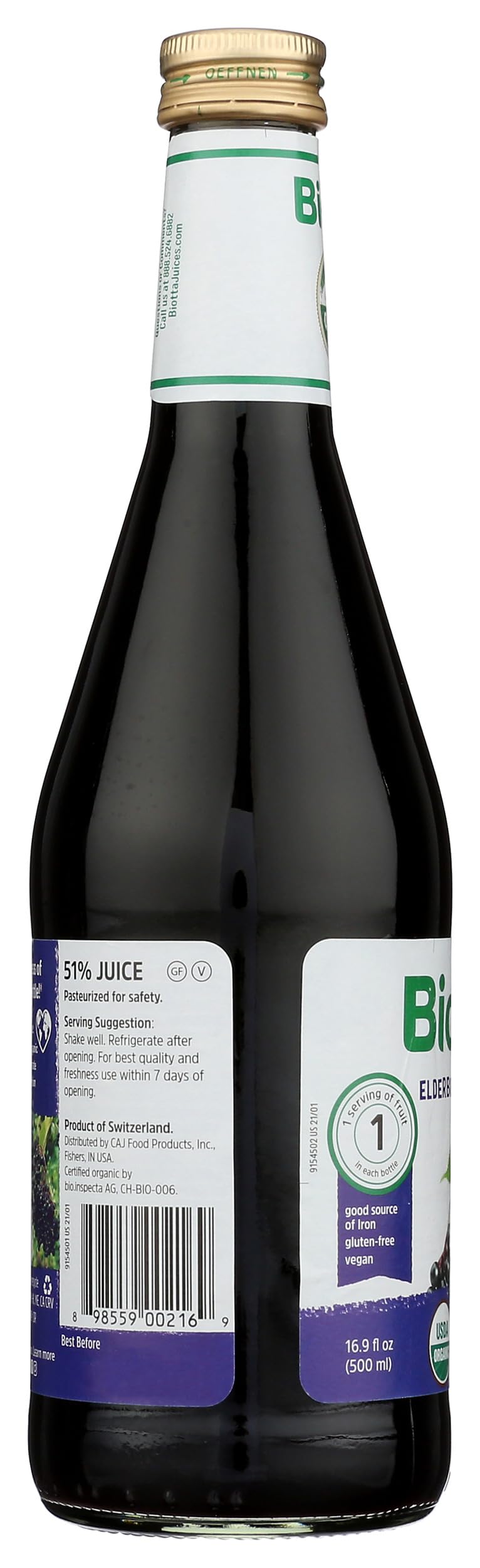 Biotta botella junto a mano para mostrar tamaño real útil