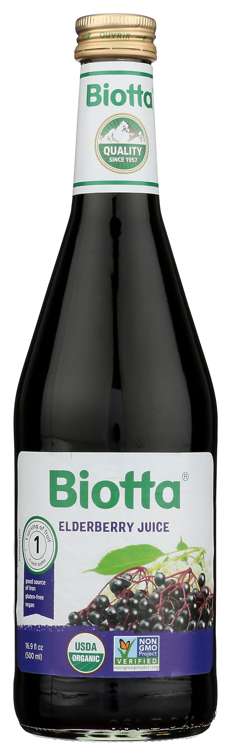 Biotta botella frontal mostrando etiqueta clara y beneficios