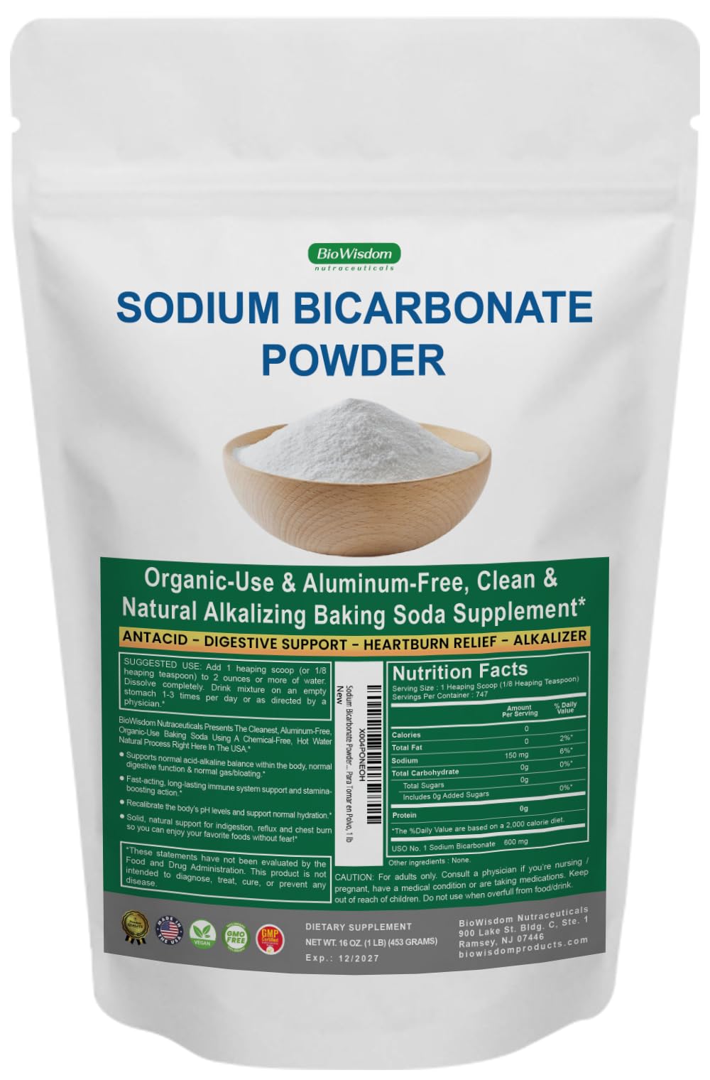 BioWisdom envase frontal de bicarbonato, pureza visible y uso culinario