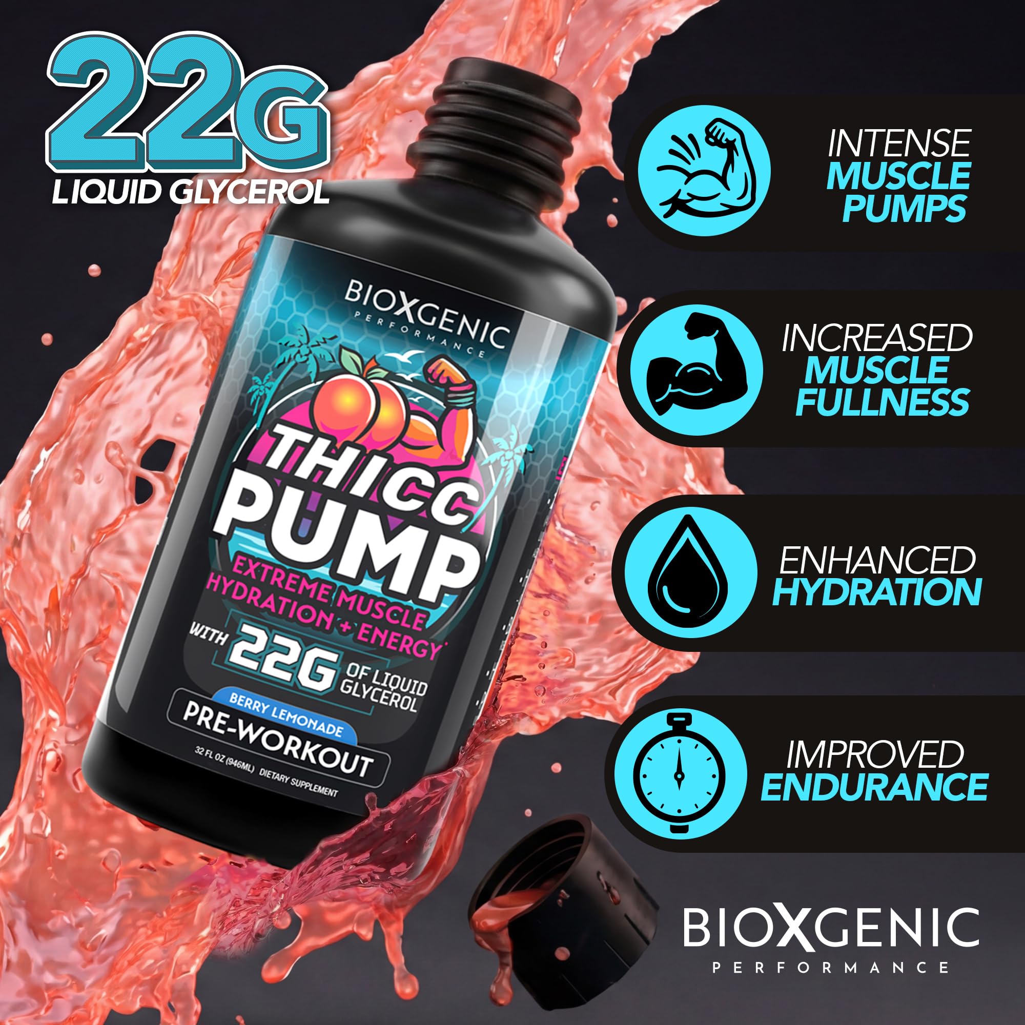 BioXgenic persona vertiendo Thicc Pump antes de entrenar, beneficio activación rápida