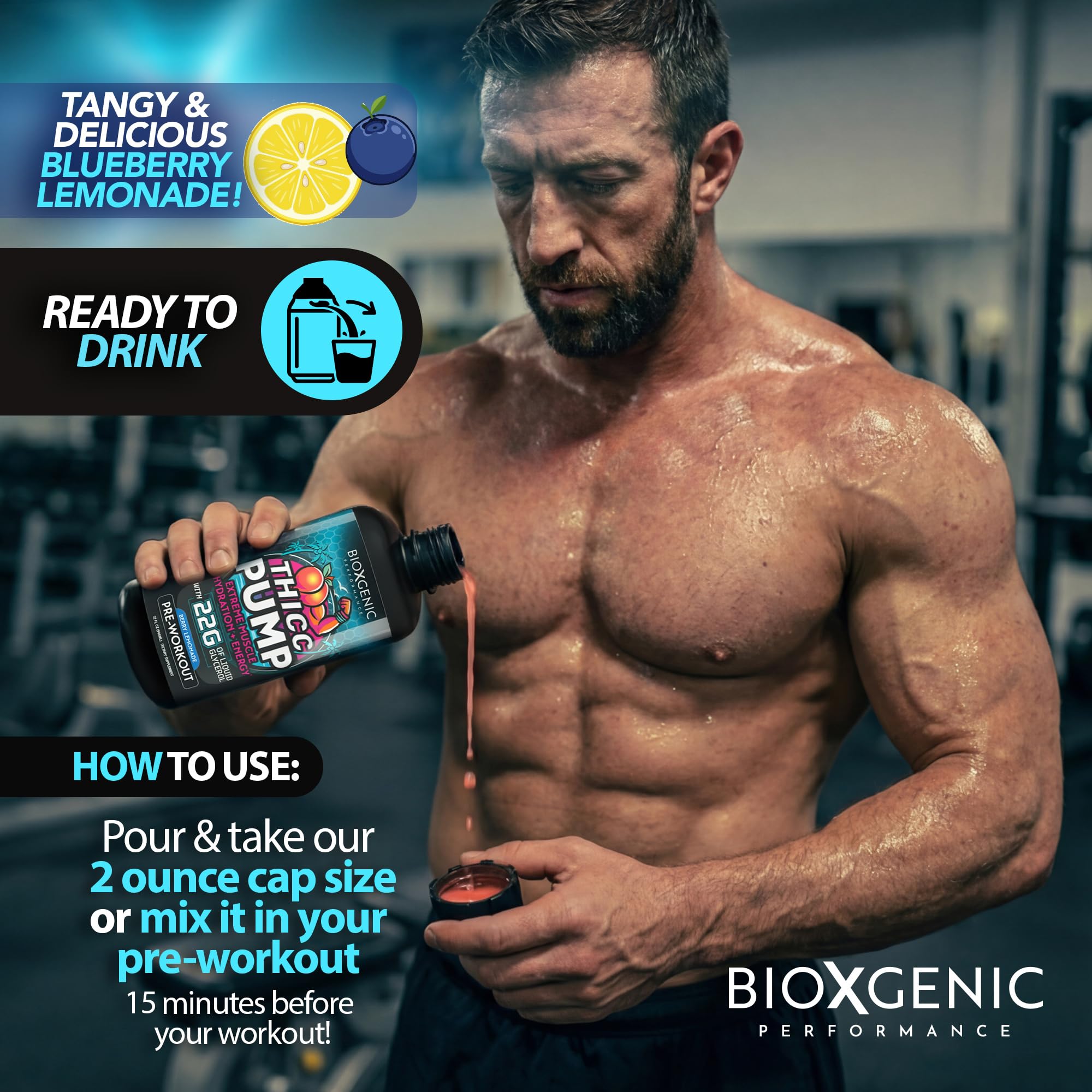 BioXgenic botella junto a una mano para escala, beneficio fácil control de porciones