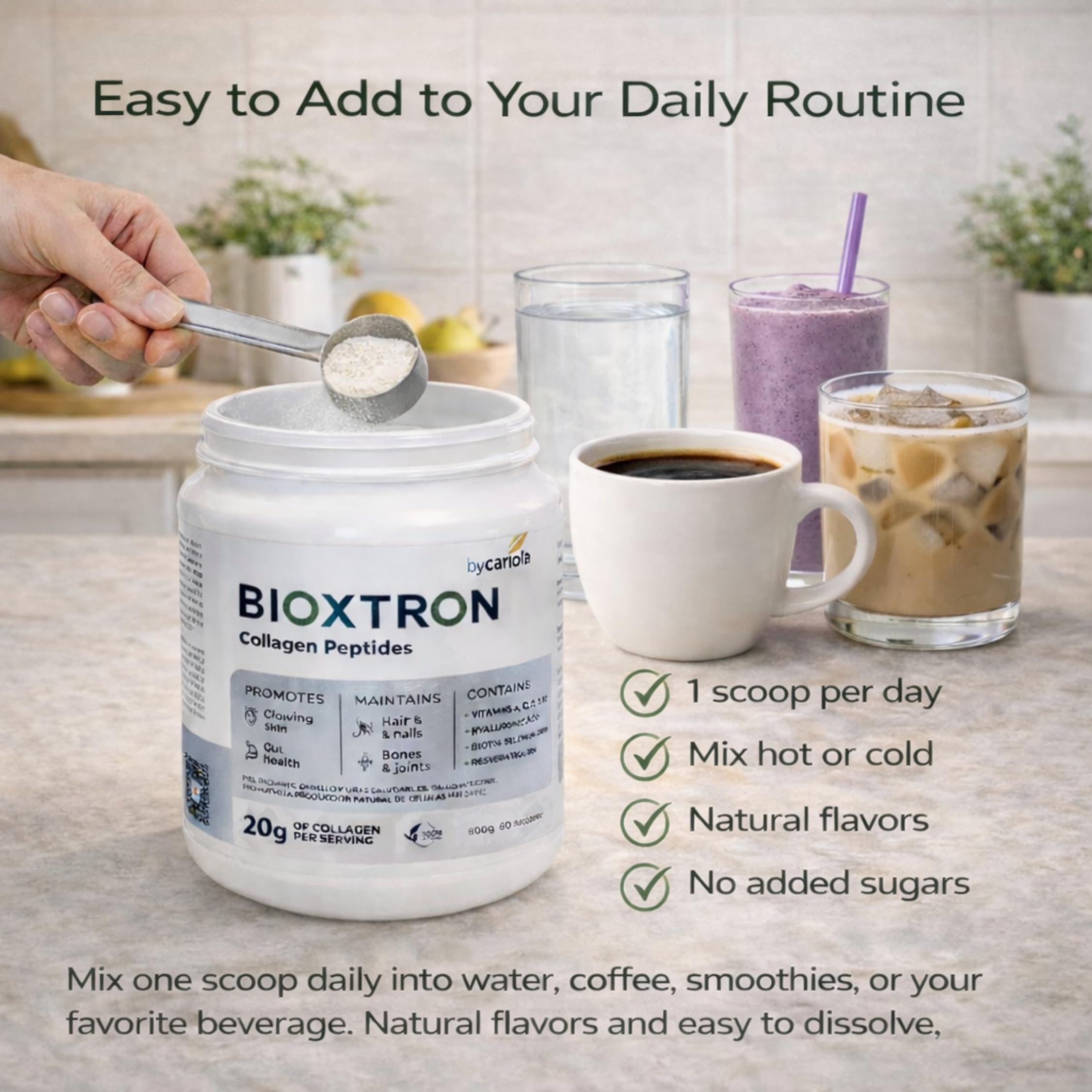 Etiqueta de Bioxtron con lista de ingredientes clave y soporte nutricional claro