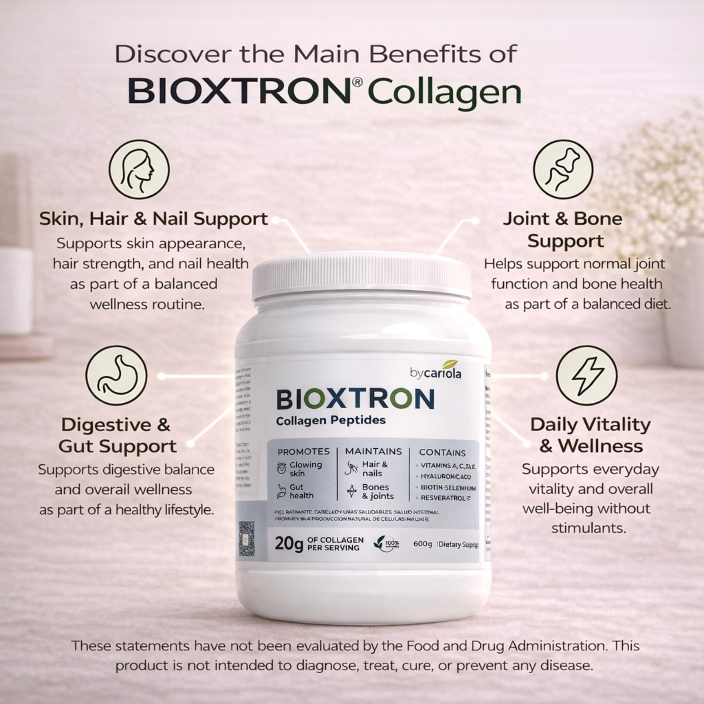 Textura fina del polvo Bioxtron mostrando disolución rápida y mezcla sin grumos