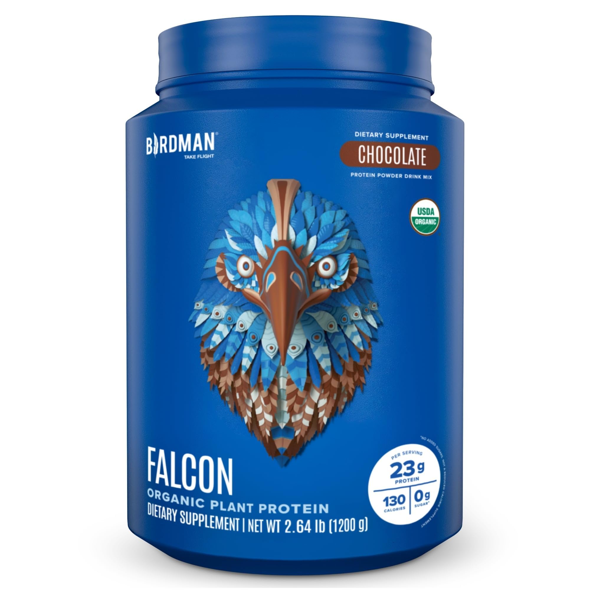 BIRDMAN Falcon frente del envase mostrando 37 servicios y sabor chocolate