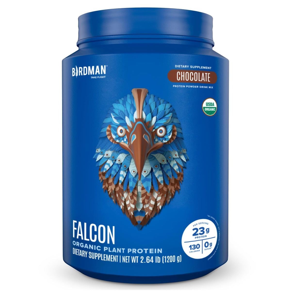 BIRDMAN Falcon frente del envase mostrando 37 servicios y sabor chocolate