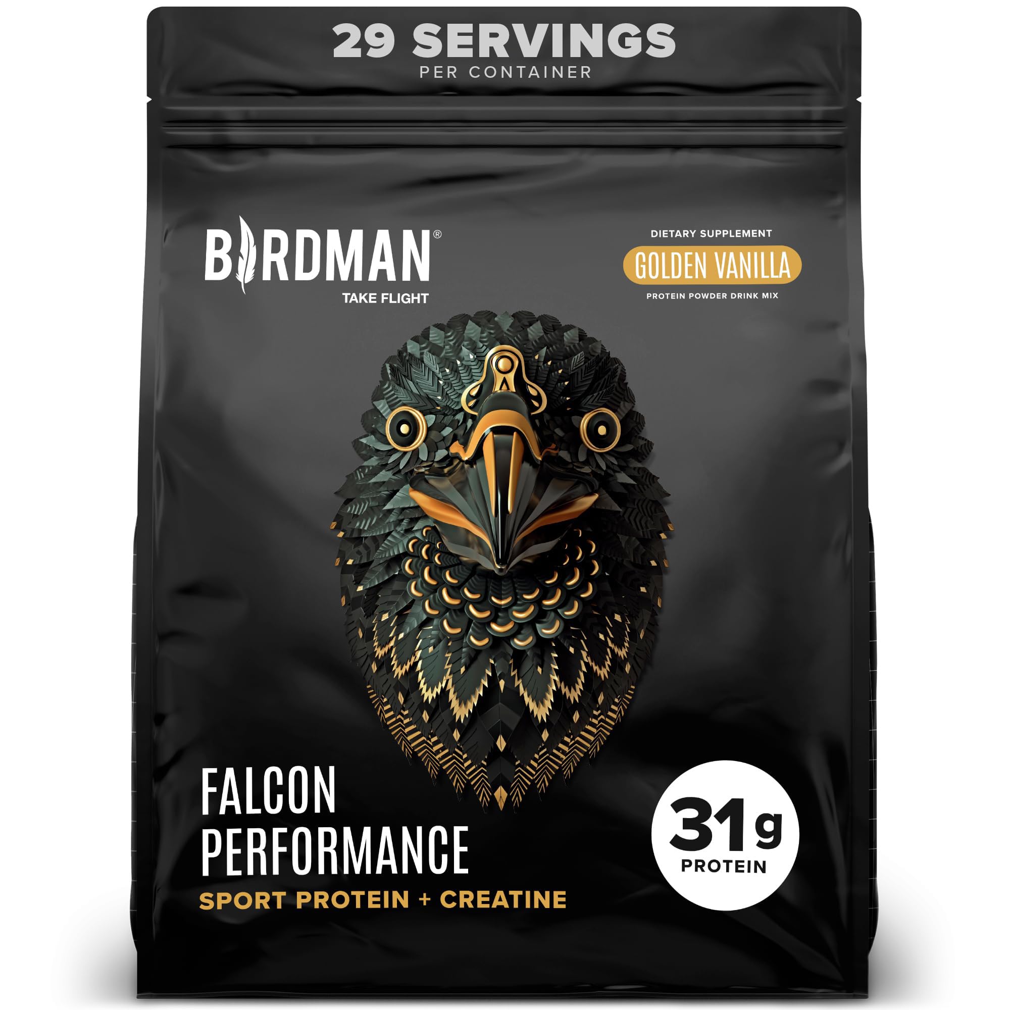 BIRDMAN Falcon envase frontal mostrando formato y sabor vainilla, claridad de beneficios