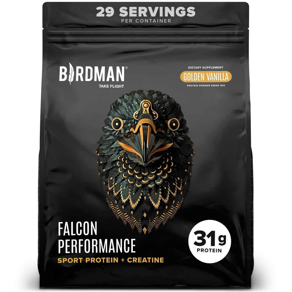 BIRDMAN Falcon envase frontal mostrando formato y sabor vainilla, claridad de beneficios