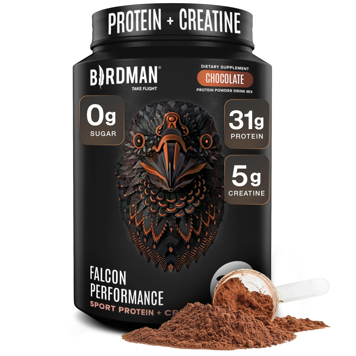 BIRDMAN Falcon presentación frontal mostrando envase y sabor chocolate, ideal para rendimiento