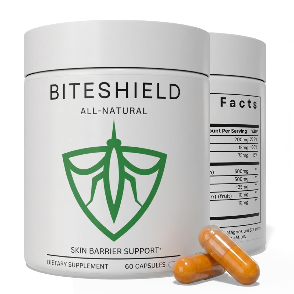 BITESHIELD frasco frontal mostrando diseño y cantidad, conveniencia de uso diario