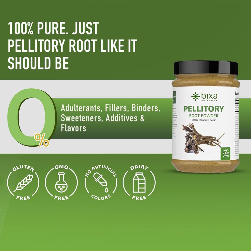 bixa BOTANICAL cucharada medidora con polvo de pellitory, visual de la cantidad en 200 g