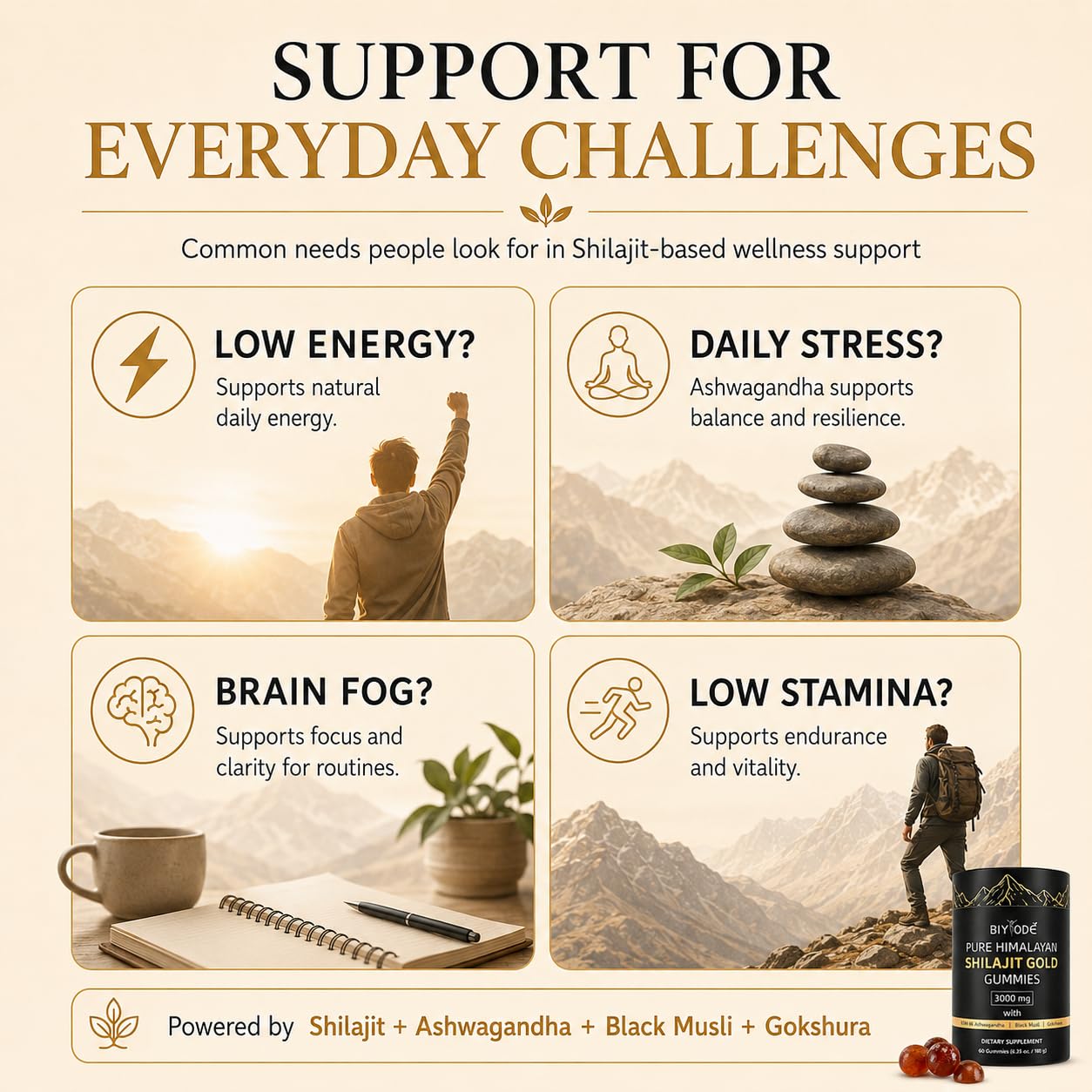 BIYODE shilajit y ashwagandha como ingredientes naturales destacados