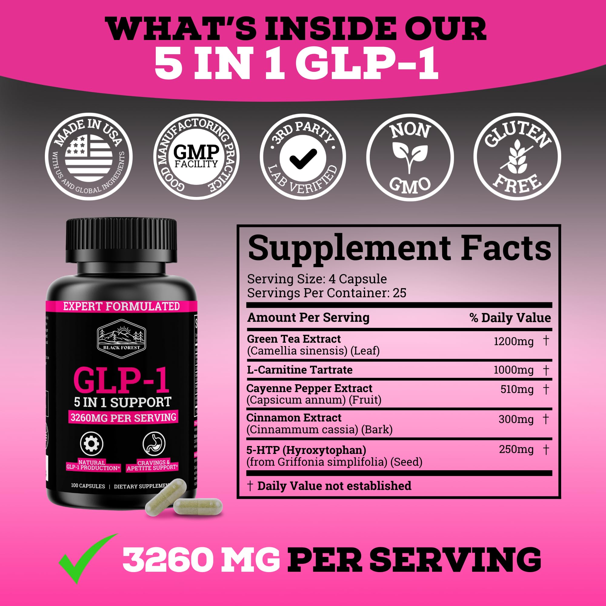 Black Forest etiqueta mostrando ingredientes y 3260 mg por porción