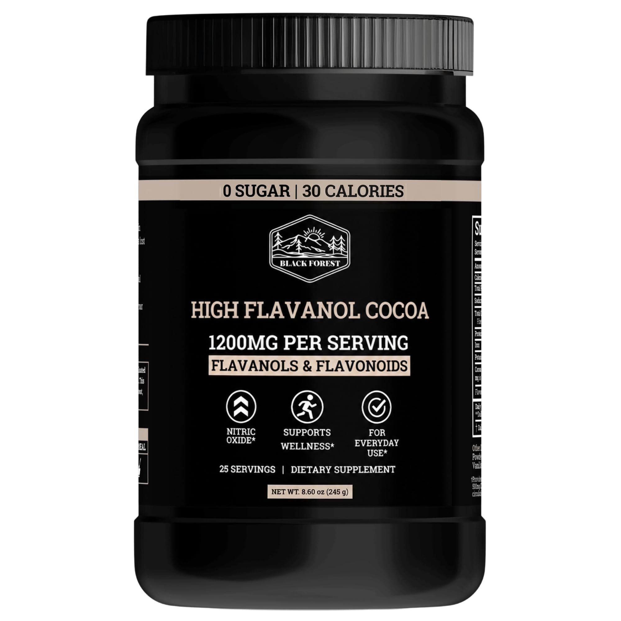 Black Forest frasco frontal mostrando el empaque y potencia de flavanoles