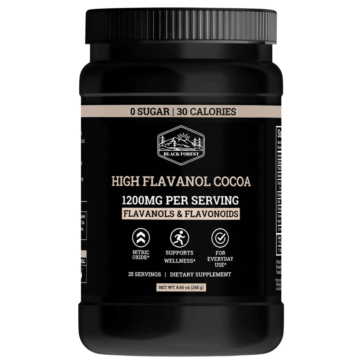 Black Forest frasco frontal mostrando el empaque y potencia de flavanoles