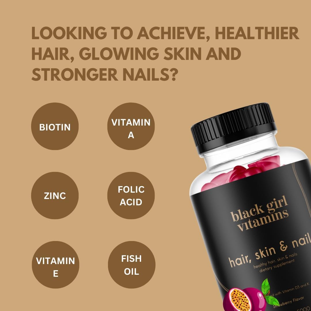 Black Girl Vitamins envase abierto con gominolas visibles, uso práctico diario