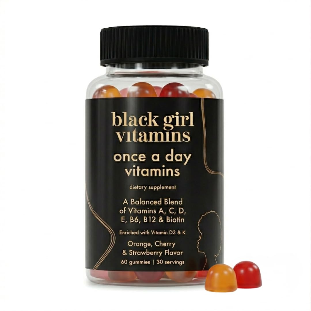 Black Girl Vitamins envase frontal fresa, fácil identificación de nutrientes
