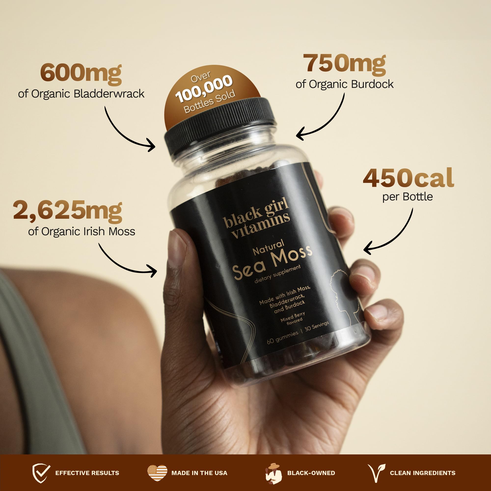Gomitas SeaMoss en mano para mostrar tamaño y porción Black Girl Vitamins