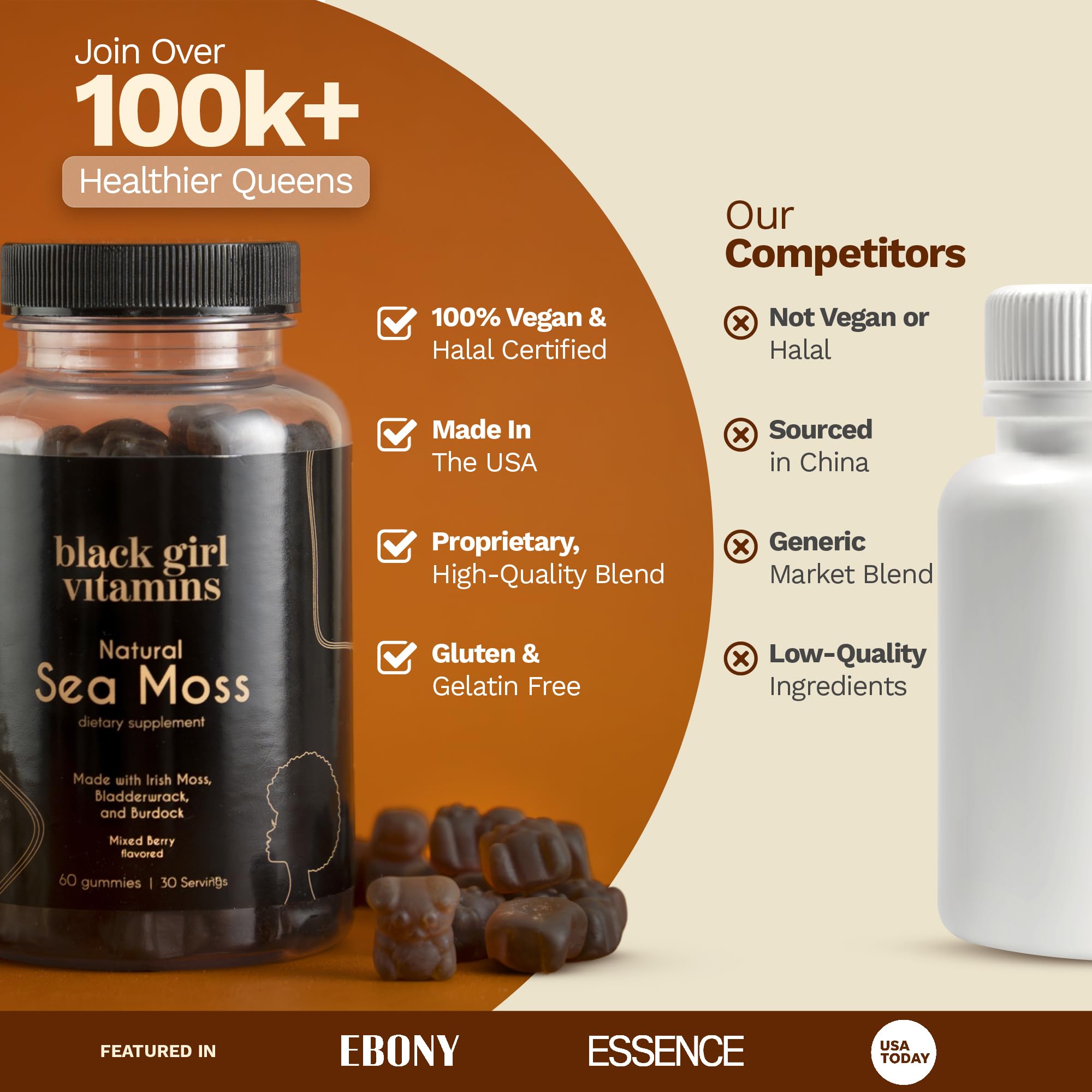 Ingredientes secos: Irish Sea Moss, bladderwrack y burdock junto al frasco Black Girl Vitamins