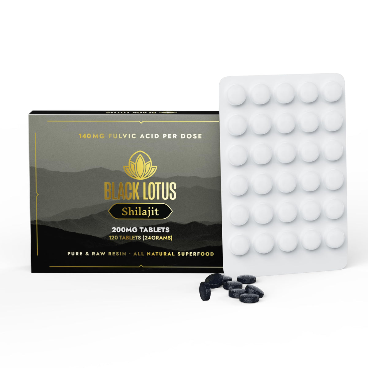 Black Lotus frasco frontal mostrando 120 tabletas y etiqueta clara