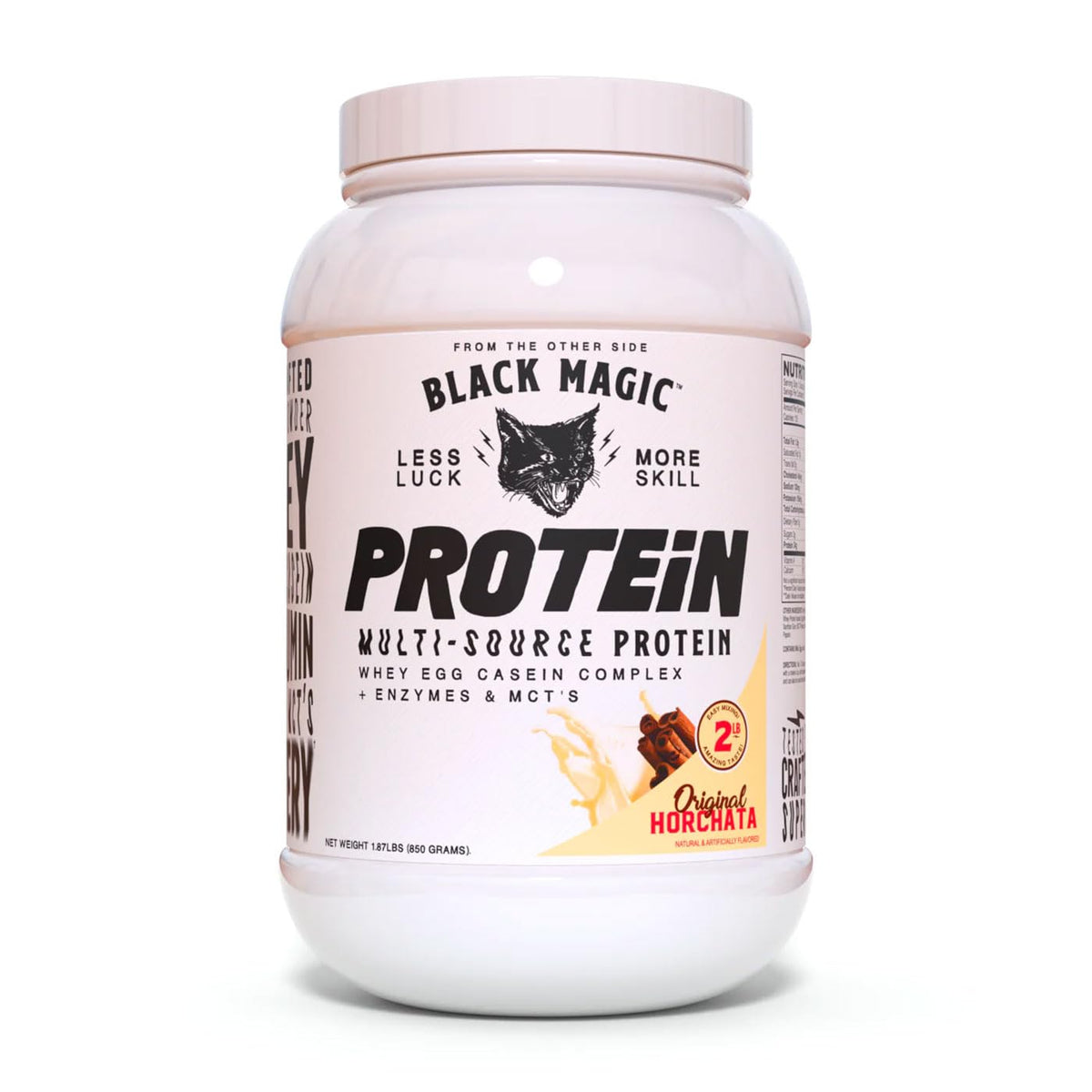 Black Magic envase Horchata frente mostrando etiqueta y beneficio de 23g proteína