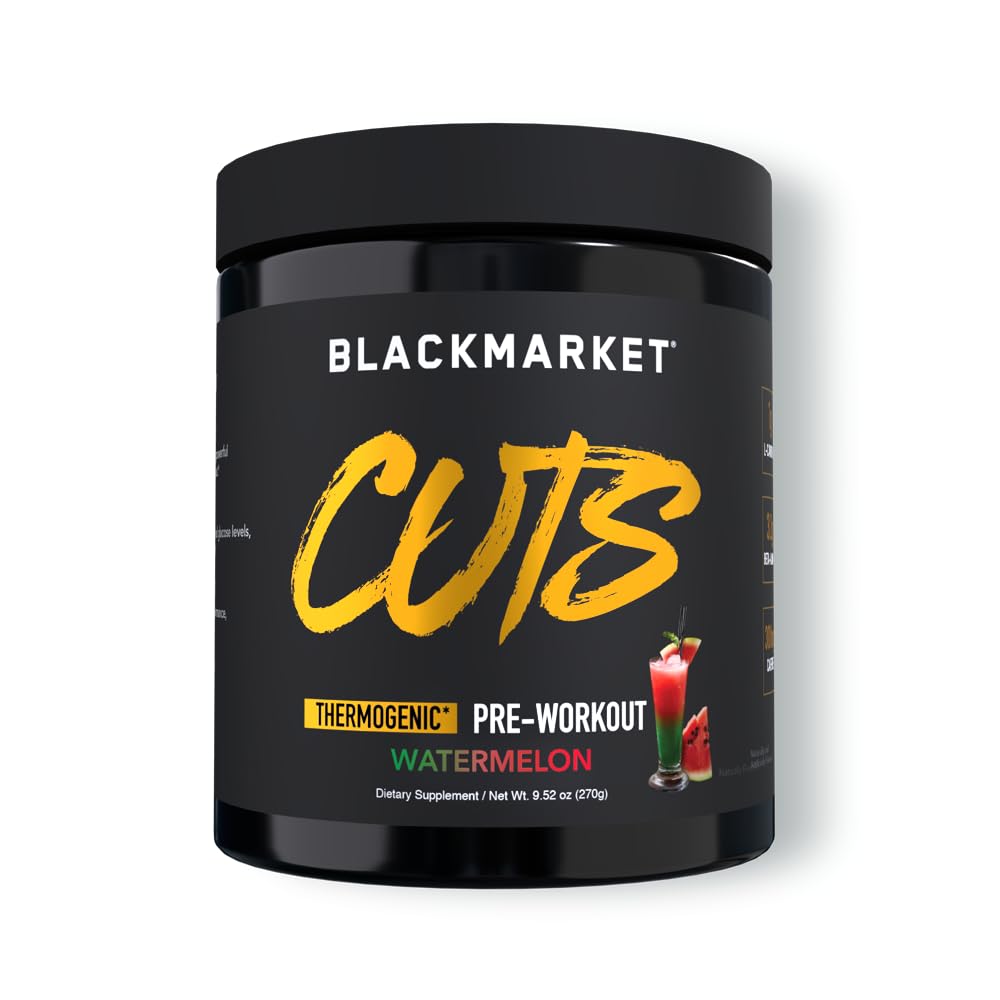 BLACKMARKET CUTS frente del envase con diseño y sabor watermelon, aporta energía pre entreno