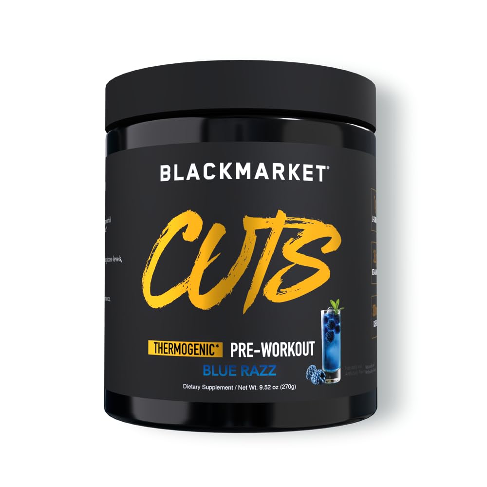 BLACKMARKET CUTS frente del envase mostrando sabor Blue Razz y información clave
