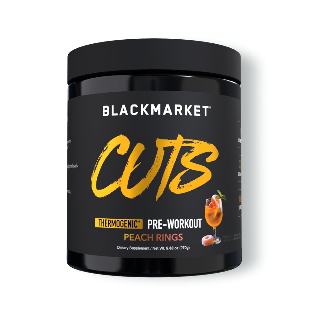 BLACKMARKET CUTS envase frontal mostrando sabor Peach Ring y beneficios energéticos