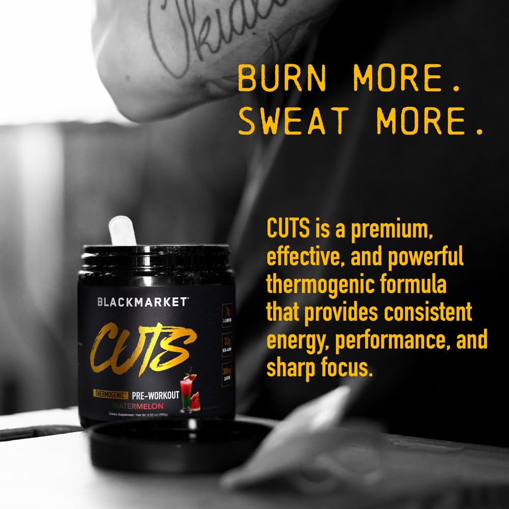 BLACKMARKET CUTS vaso mezclado en uso pre entrenamiento, sabor watermelon refrescante