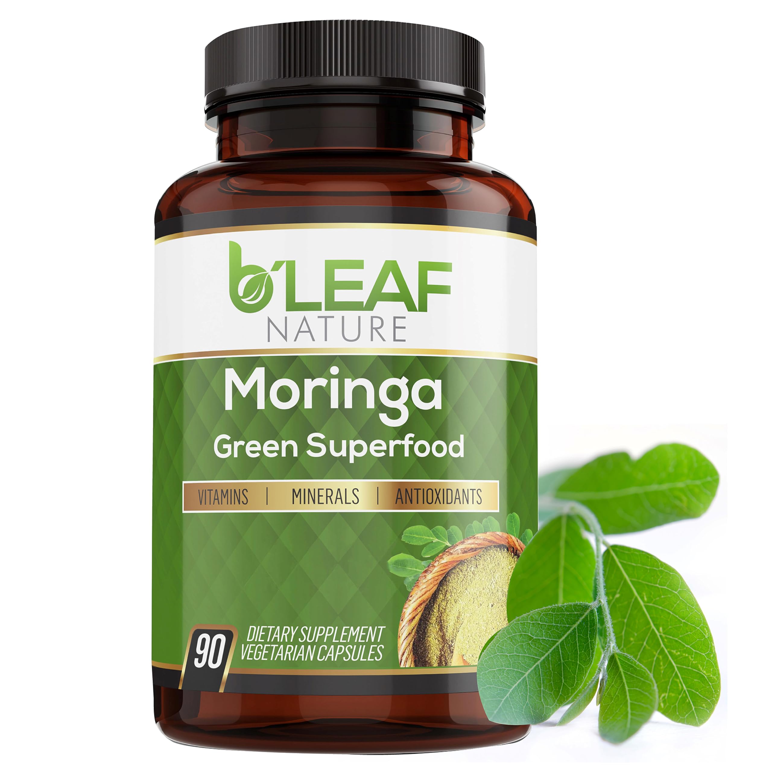 B'LEAF NATURE frente del envase mostrando 90 cápsulas y dosificación práctica