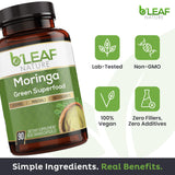 B'LEAF NATURE textura del polvo de hoja de moringa resaltando pureza orgánica