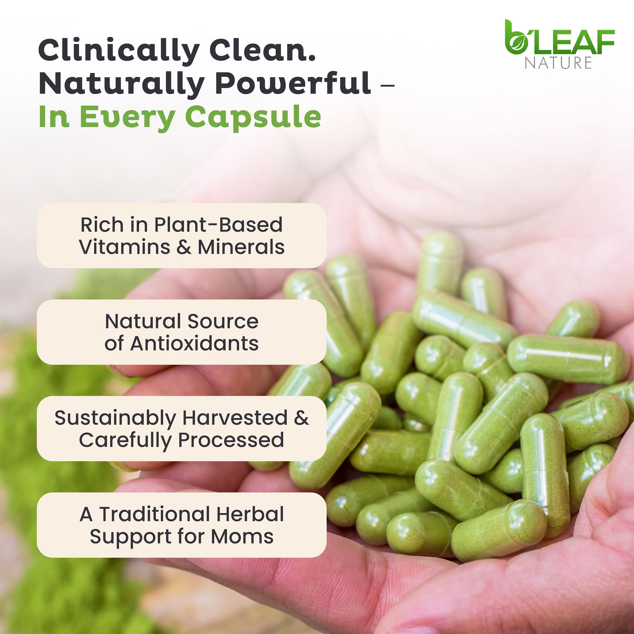 B'LEAF NATURE cápsulas junto a un vaso de agua listo para tomar con comidas