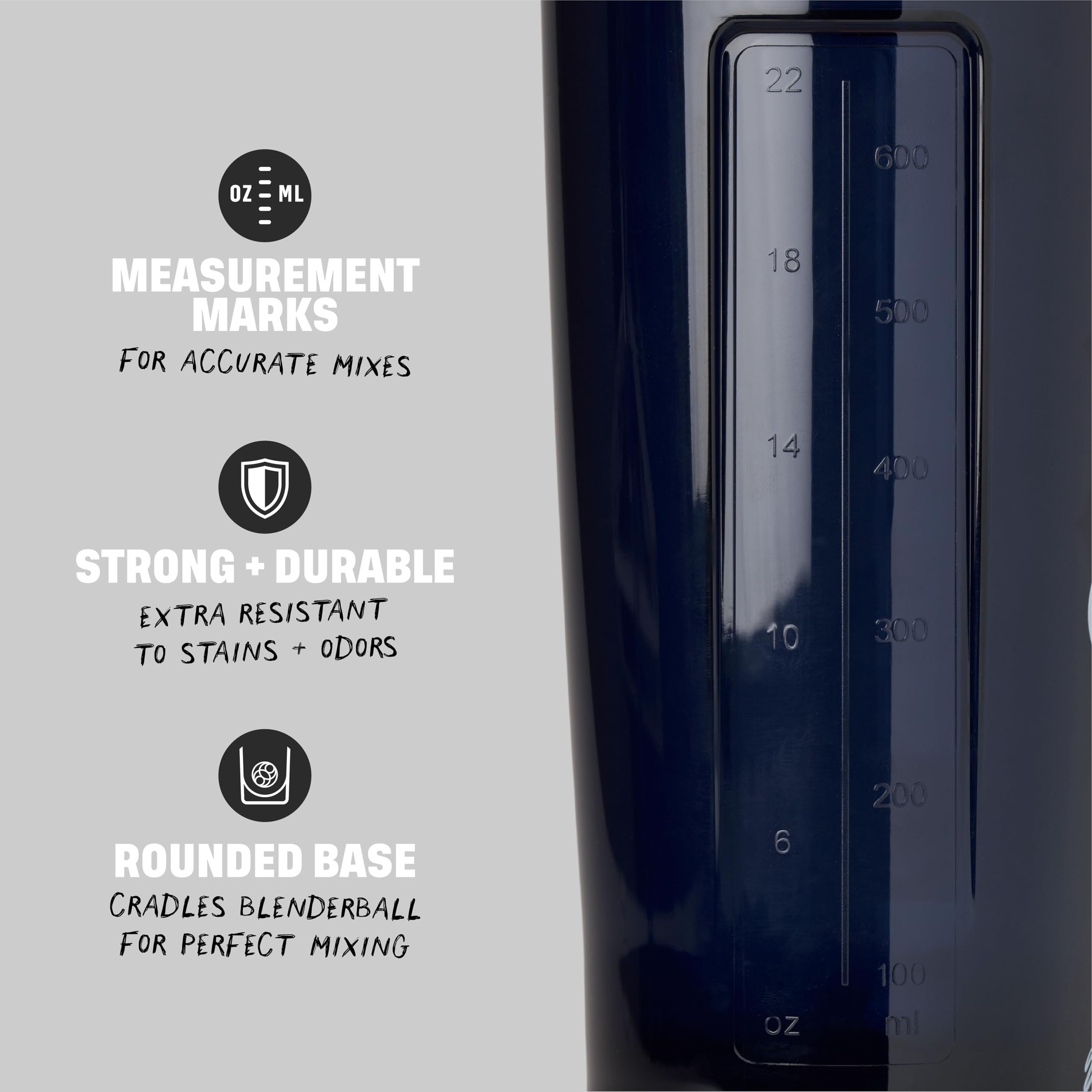 Base redondeada del vaso BlenderBottle que facilita mezcla y limpieza rápida