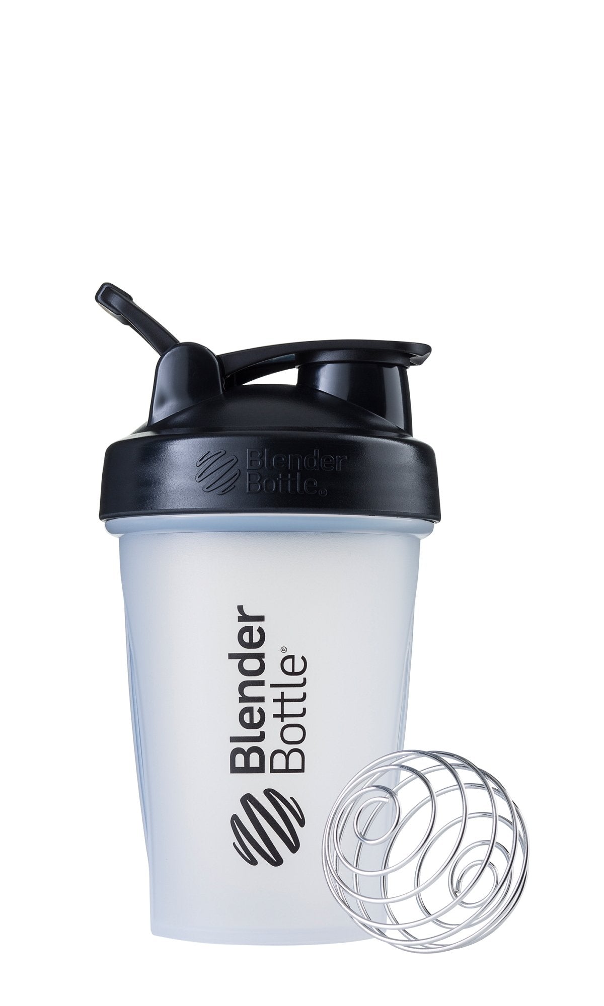 BlenderBottle Classic frente mostrando diseño claro y negro, fácil transporte