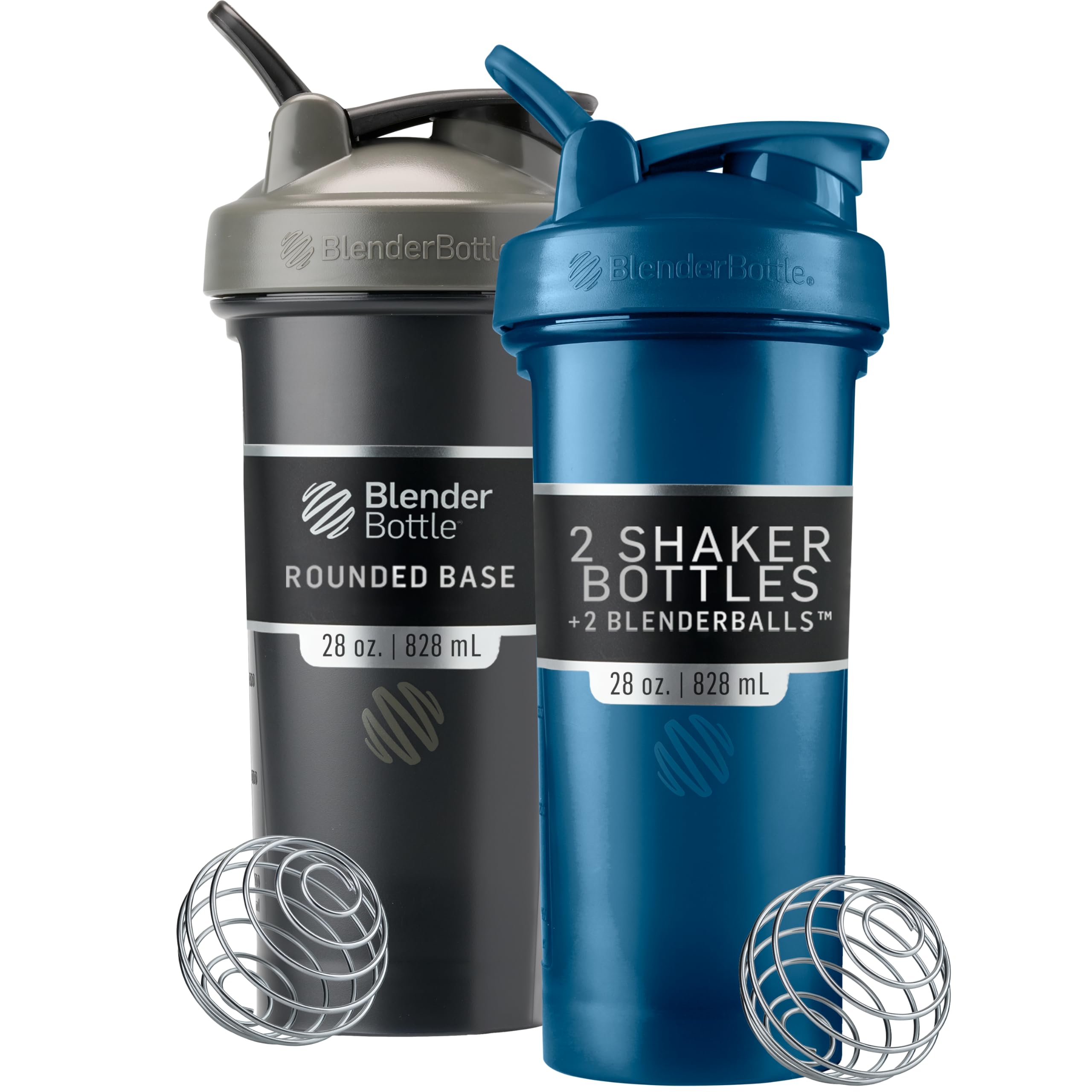 BlenderBottle frentes del pack negros y azul marino mostrando diseño y capacidad