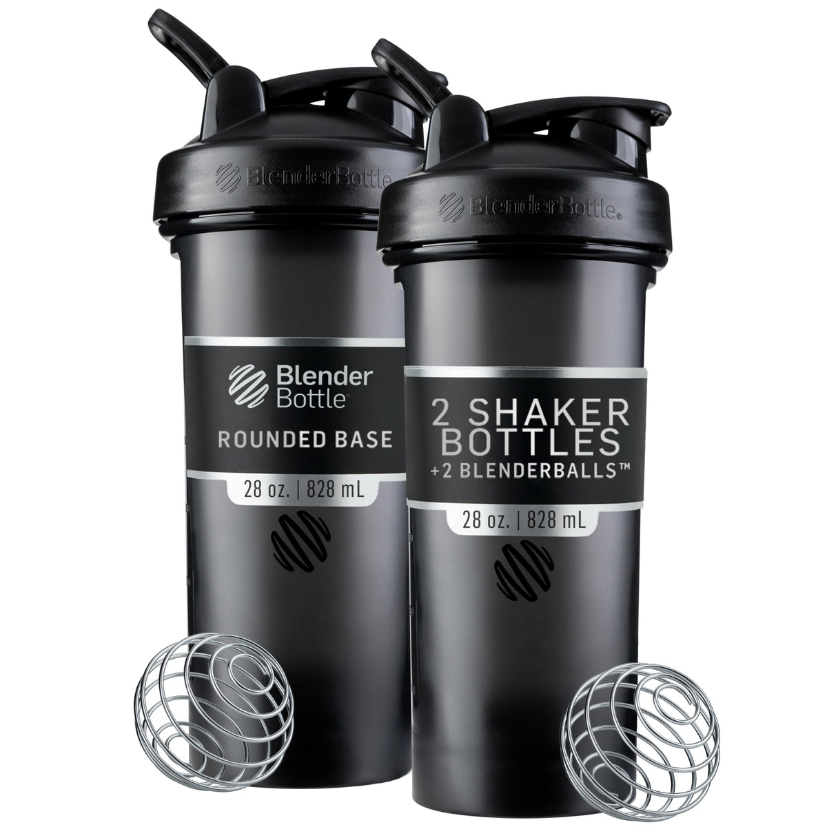 BlenderBottle vista frontal en pack negro mostrando diseño y capacidad