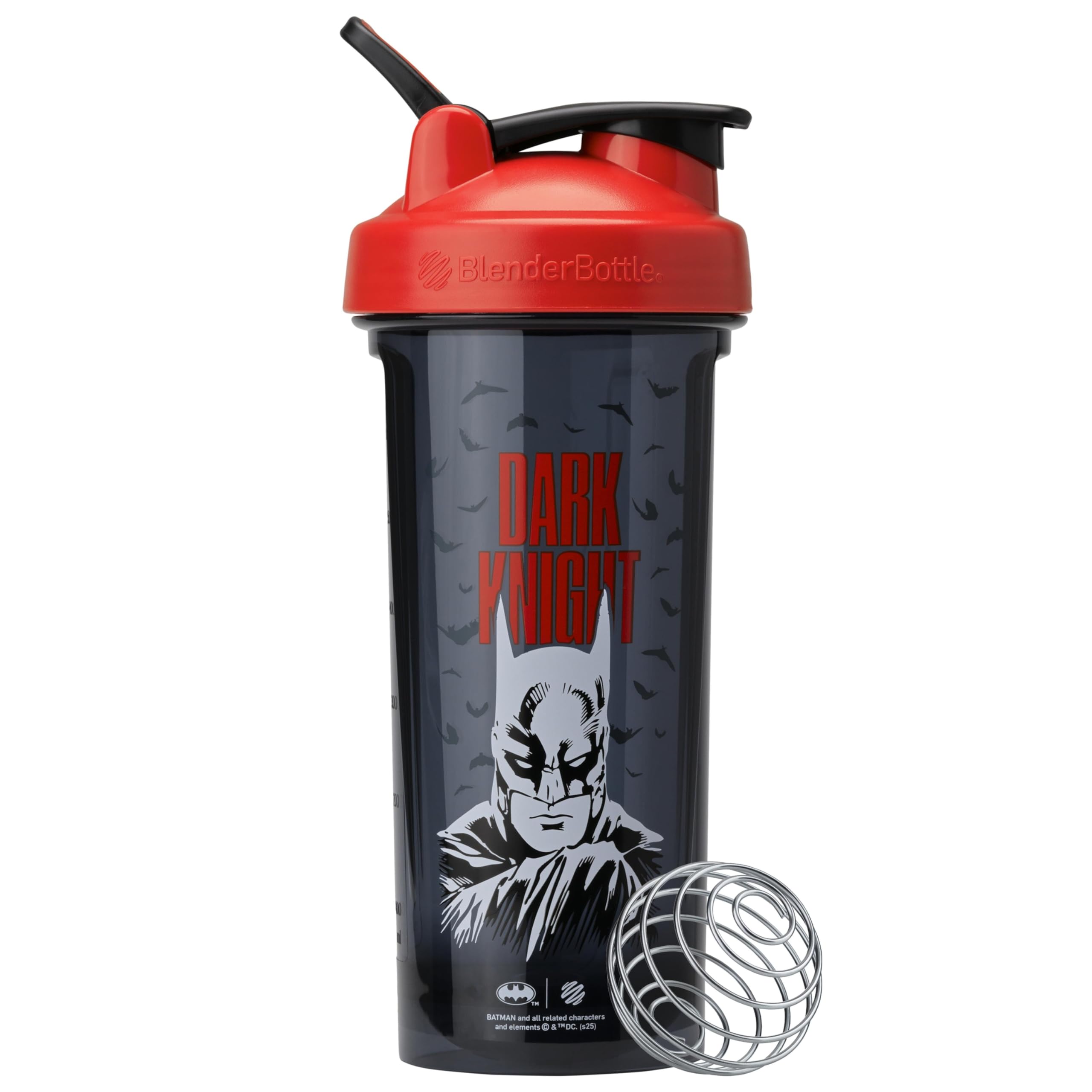 BlenderBottle DARK KNIGHT vista frontal con diseño rojo y negro, apariencia resistente