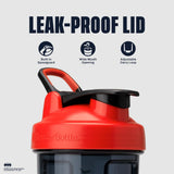 BlenderBottle DARK KNIGHT detalle de la tapa y SpoutGuard, cierre hermético seguro