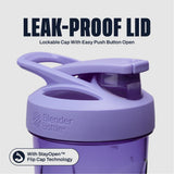 BlenderBottle detalle de la tapa con pestillo y pulsador, seguridad antiapertura