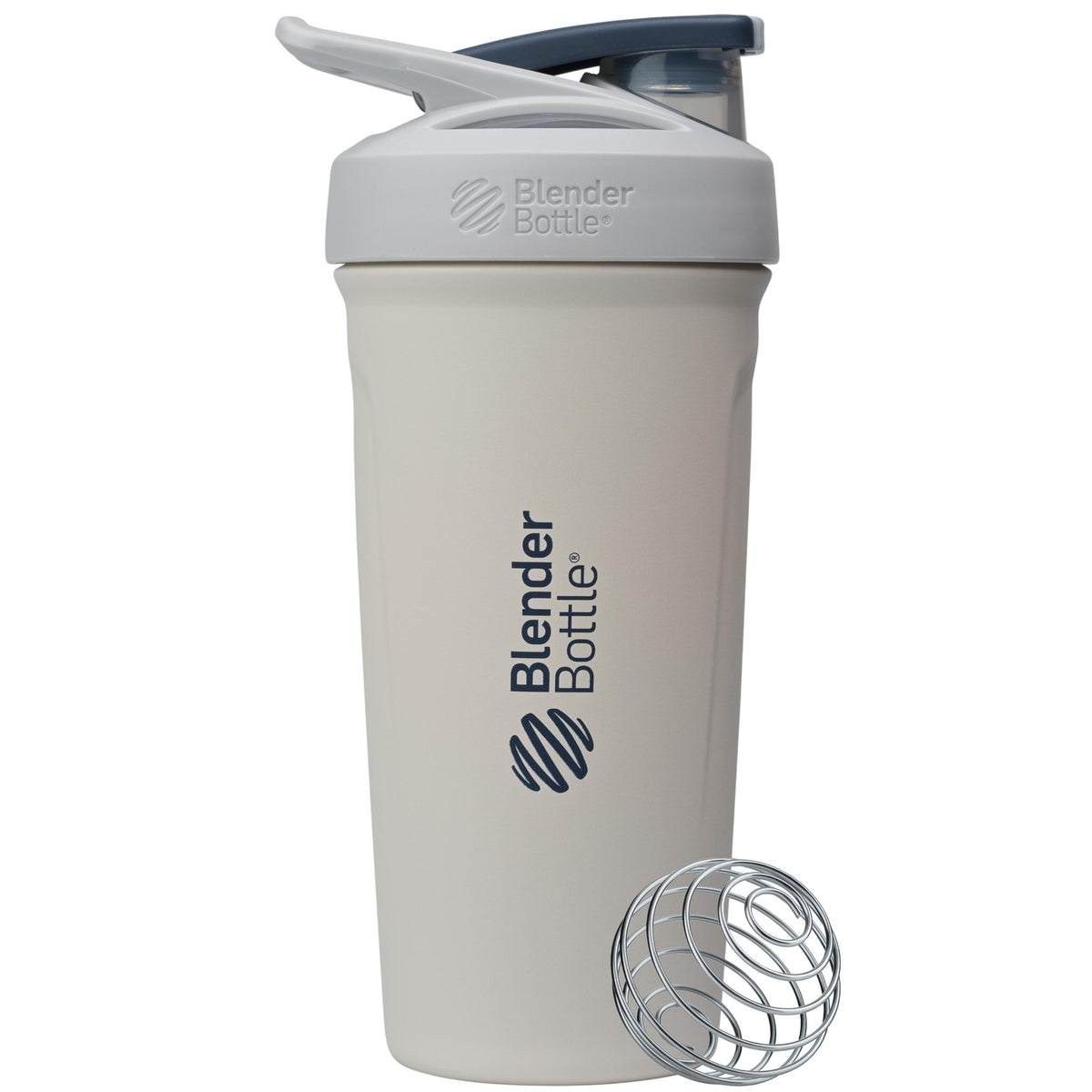 BlenderBottle vista frontal gris blanco mostrando forma y capacidad