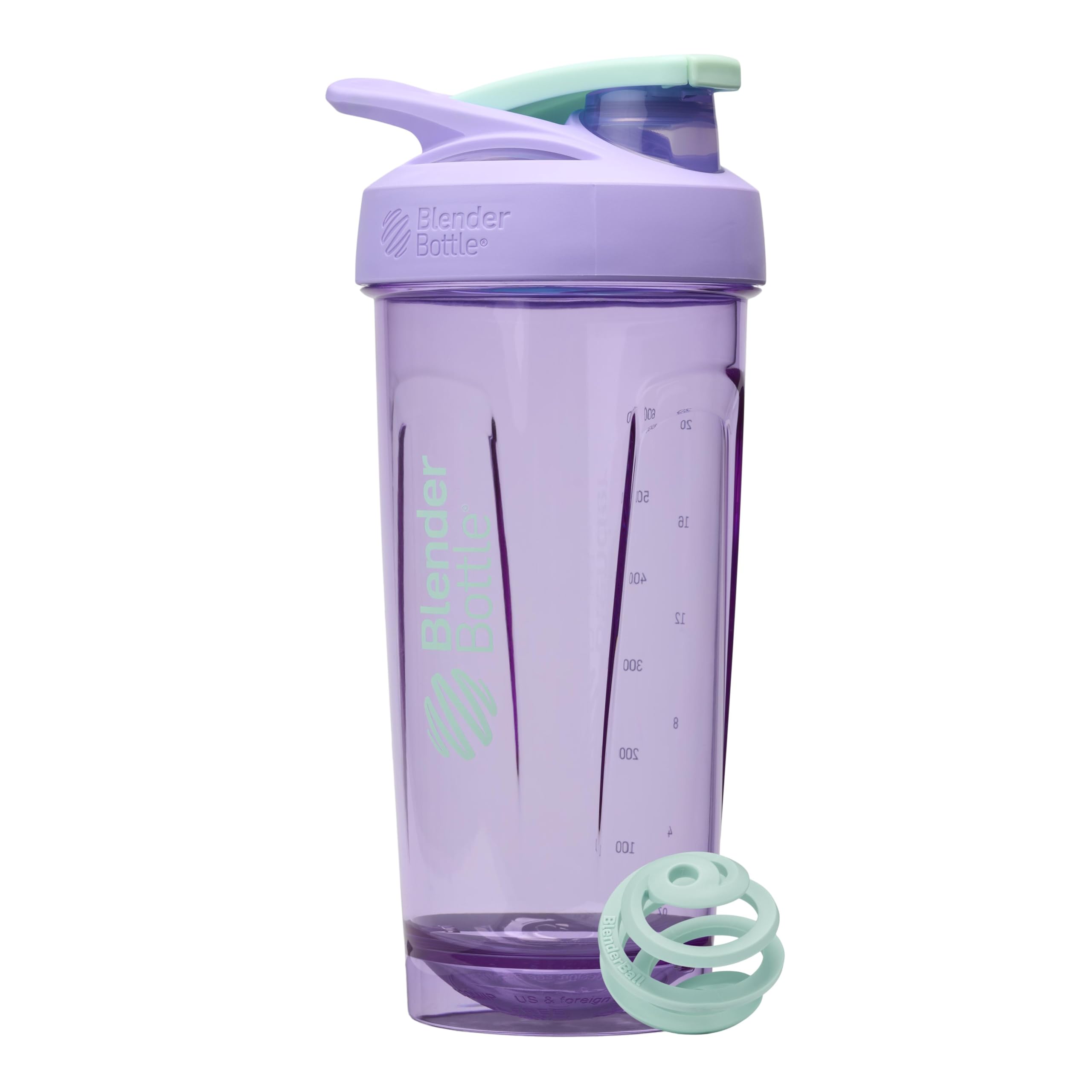 BlenderBottle vista frontal morado mostrando capacidad y diseño, práctica para mezclar