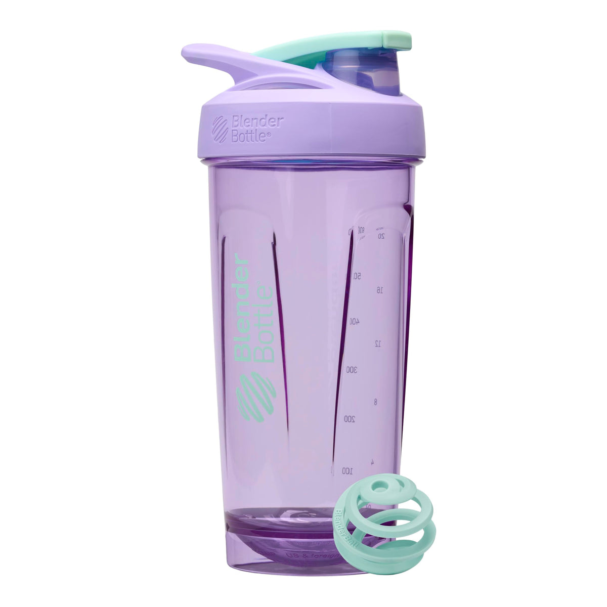 BlenderBottle vista frontal morado mostrando capacidad y diseño, práctica para mezclar